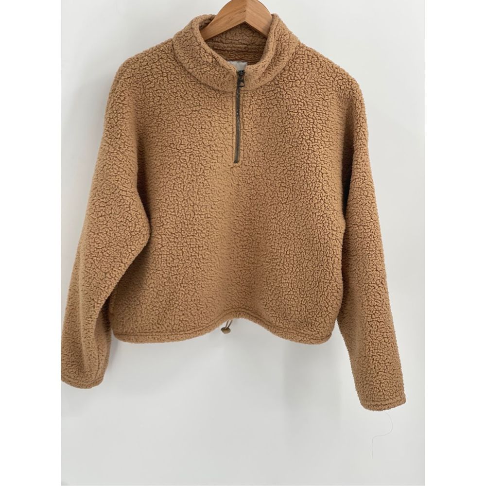 American Eagle Sherpa Sweatshirt Women Medium 1/4 Zip Crop Oversized Tan Camel